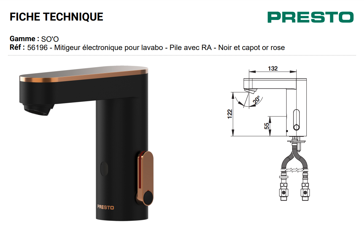 Mitigeur de lavabo électronique en noir / or rosé avec pile Presto So’o - vue 3