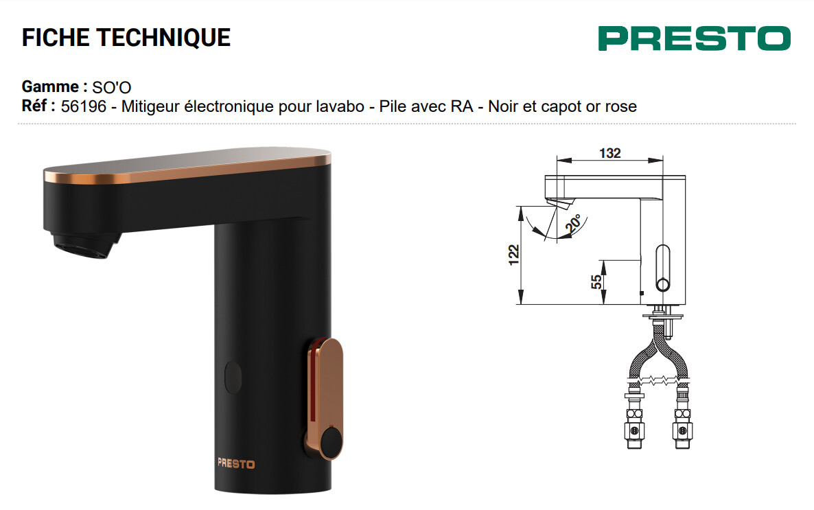 Mitigeur de lavabo électronique en noir / or rosé avec pile Presto So’o — vue 3