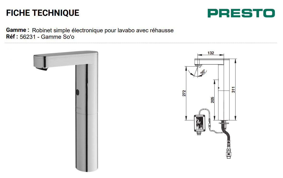 Robinet de lavabo rehaussé électronique sur secteur Presto So'o