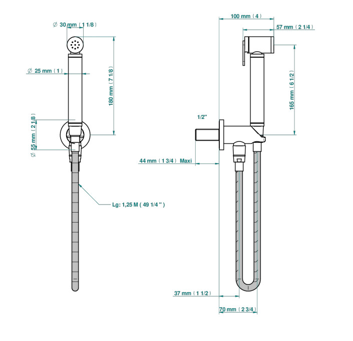 Ensemble hygiénique de WC THG avec douchette à gâchette, flexible et butée de sécurité intégrée sur sortie murale - Collection "Anoa"