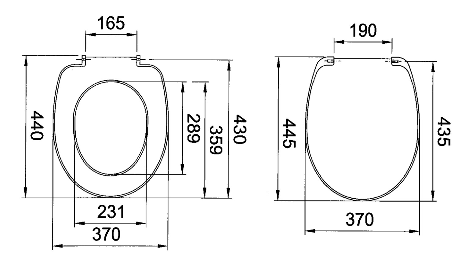 Abattant de toilettes suspendu Presto de 700 mm de long, 445 x 370 mm, charnières en plastique, conception accessible.