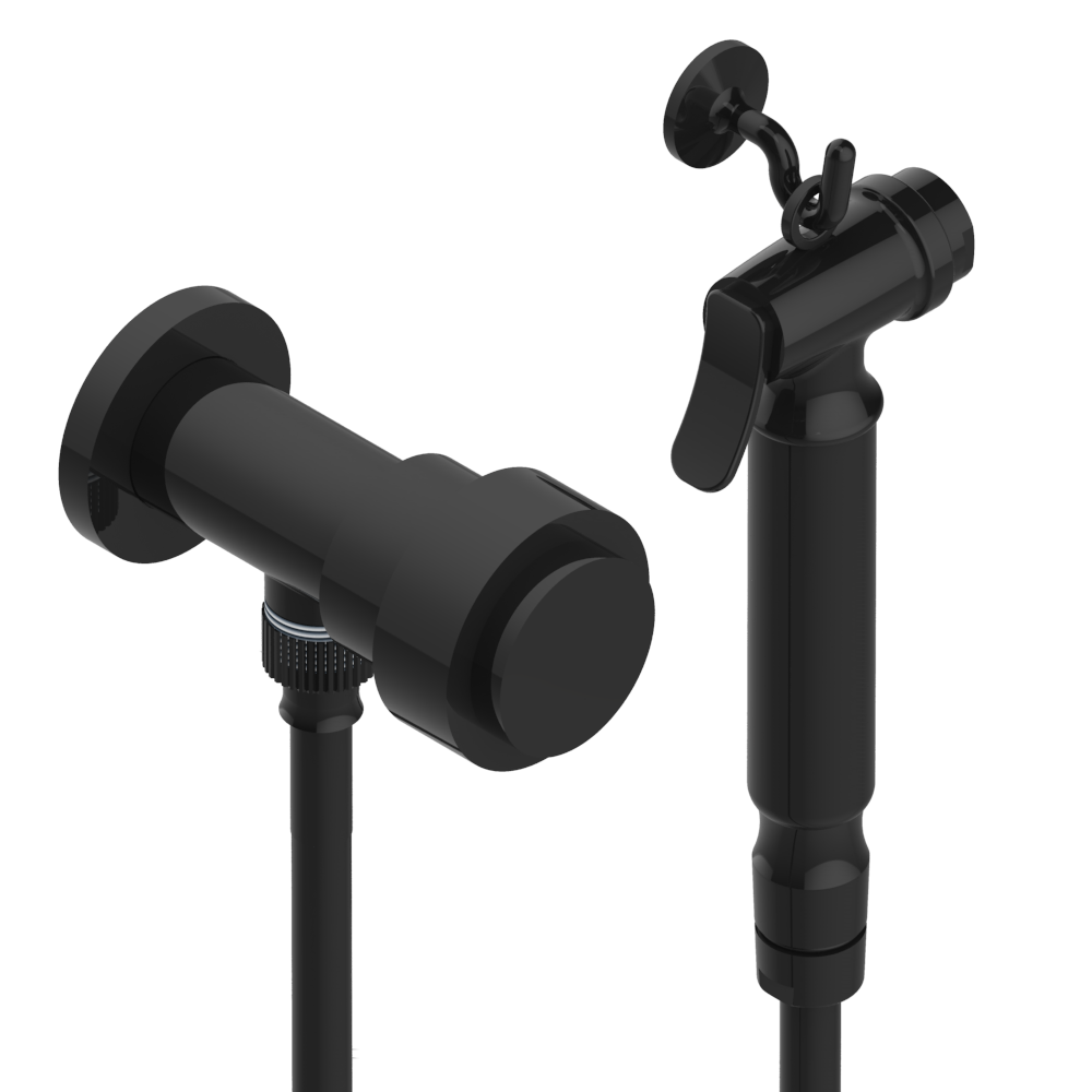 Pommeau de douche à main noir et support mural avec gâchette et tuyau pour une utilisation dans la salle de bain.