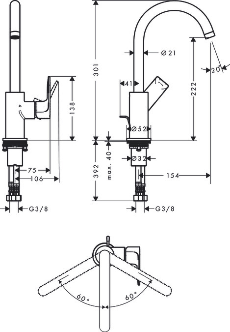 Mitigeur de lavabo Hansgrohe Rebris E 210 avec bec orientable et tirette et vidage - vue 2
