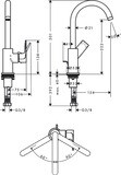 Rebris E Mitigeur de lavabo 210 avec bec orientable, tirette et vidage