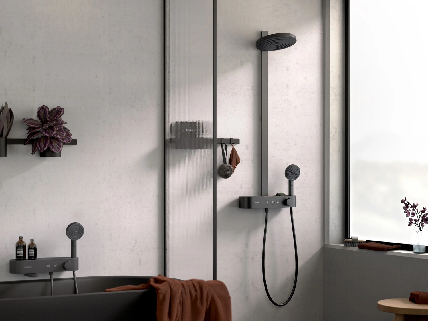 Colonne de douche Showerpipe Hansgrohe Pulsify S 260 2 jets avec mitigeur thermostatique ShowerTablet Select 400 en noir mat