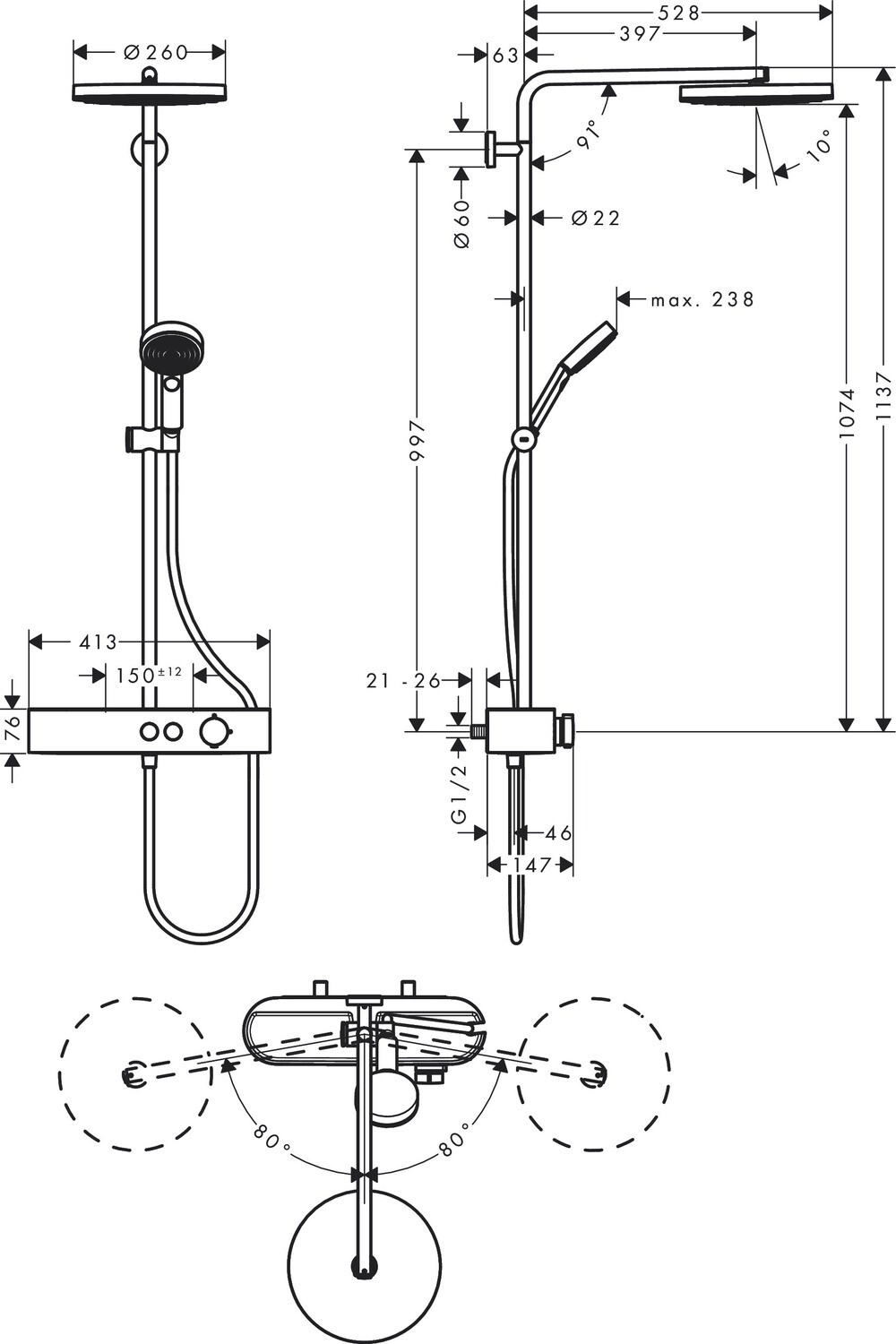 Colonne de douche Showerpipe Hansgrohe Pulsify S 260 1 jet avec mitigeur thermostatique ShowerTablet Select 400 — vue 3