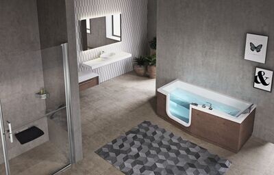 Baignoire Novel Iris 170 x 80 cm avec porte à gauche, tabliers Burlington et robinetterie intégrée