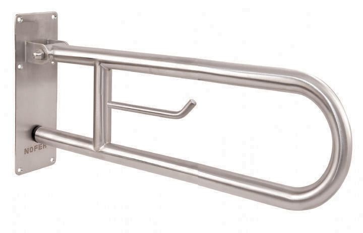 Barre d&#39;appui rabattable 60 cm avec porte rouleau papier hygiénique pour personnes à mobilité réduite Nofer en chromé satiné