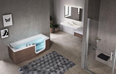 Baignoire Novel Iris 170 x 80 cm avec porte à droite, tabliers Burlington et robinetterie intégrée