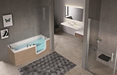 Baignoire Novel Iris 170 x 80 cm avec porte à droite, tabliers bois / grain et robinetterie intégrée