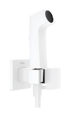 Douchette hygiénique pour WC Hansgrohe E en blanc mat pour eau mitigée avec support et flexible