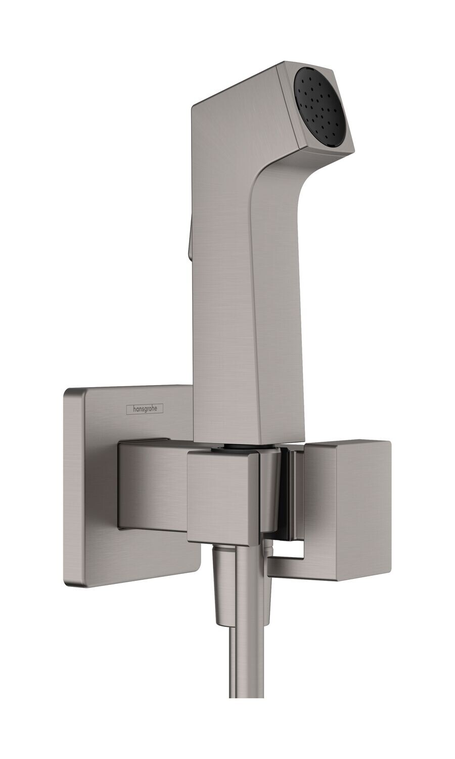 Douchette hygiénique pour WC Hansgrohe E en noir chromé brossé pour eau mitigée avec support et flexible