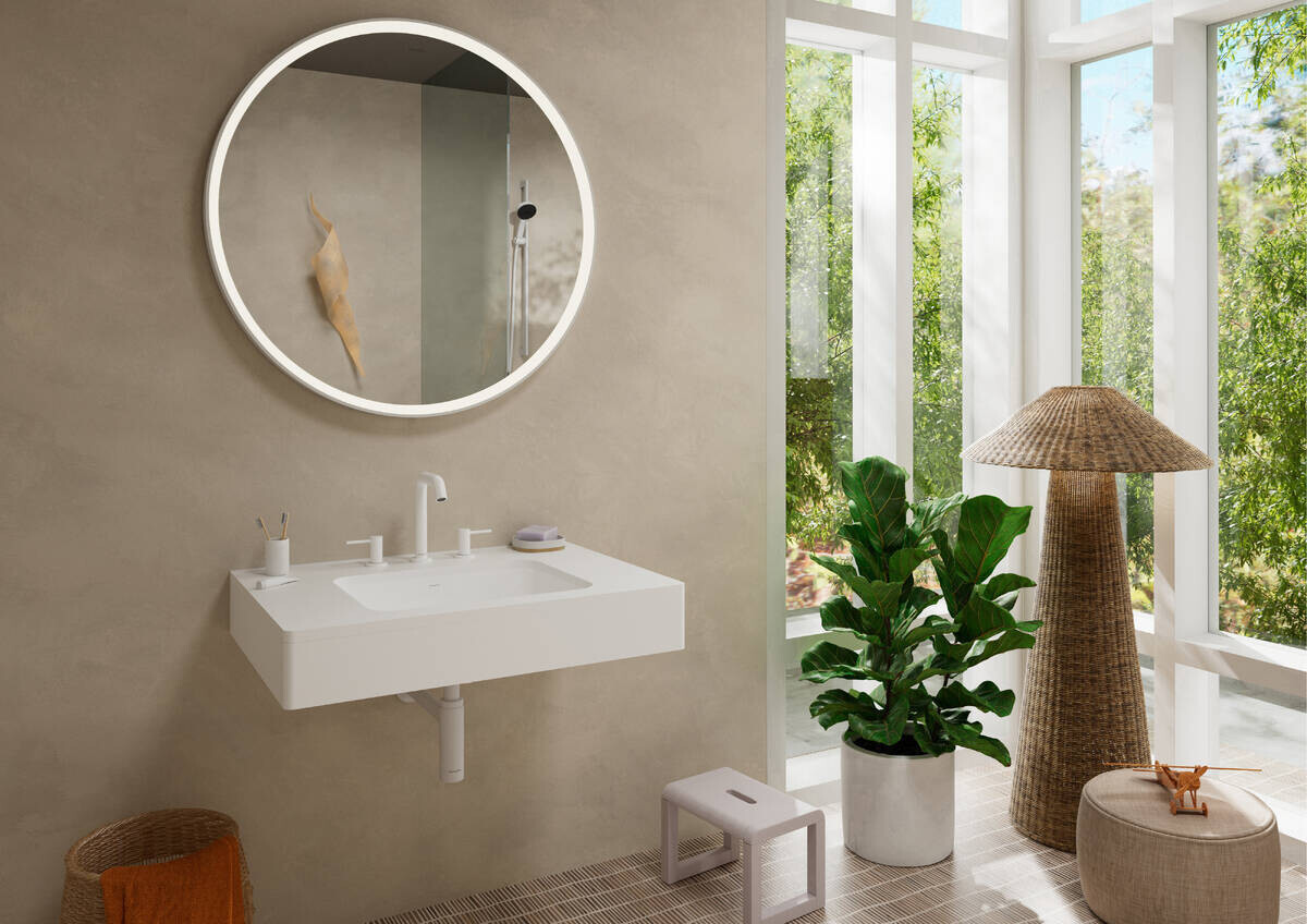 Mélangeur de lavabo 3 trous Hansgrohe Tecturis S 150 avec bonde Push-Open en blanc mat