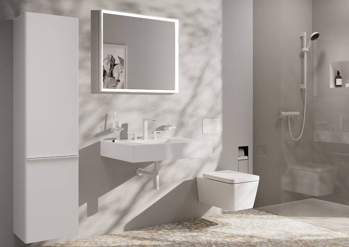 Mélangeur de lavabo 3 trous Hansgrohe Tecturis E 150 avec bonde Push-Open en blanc mat