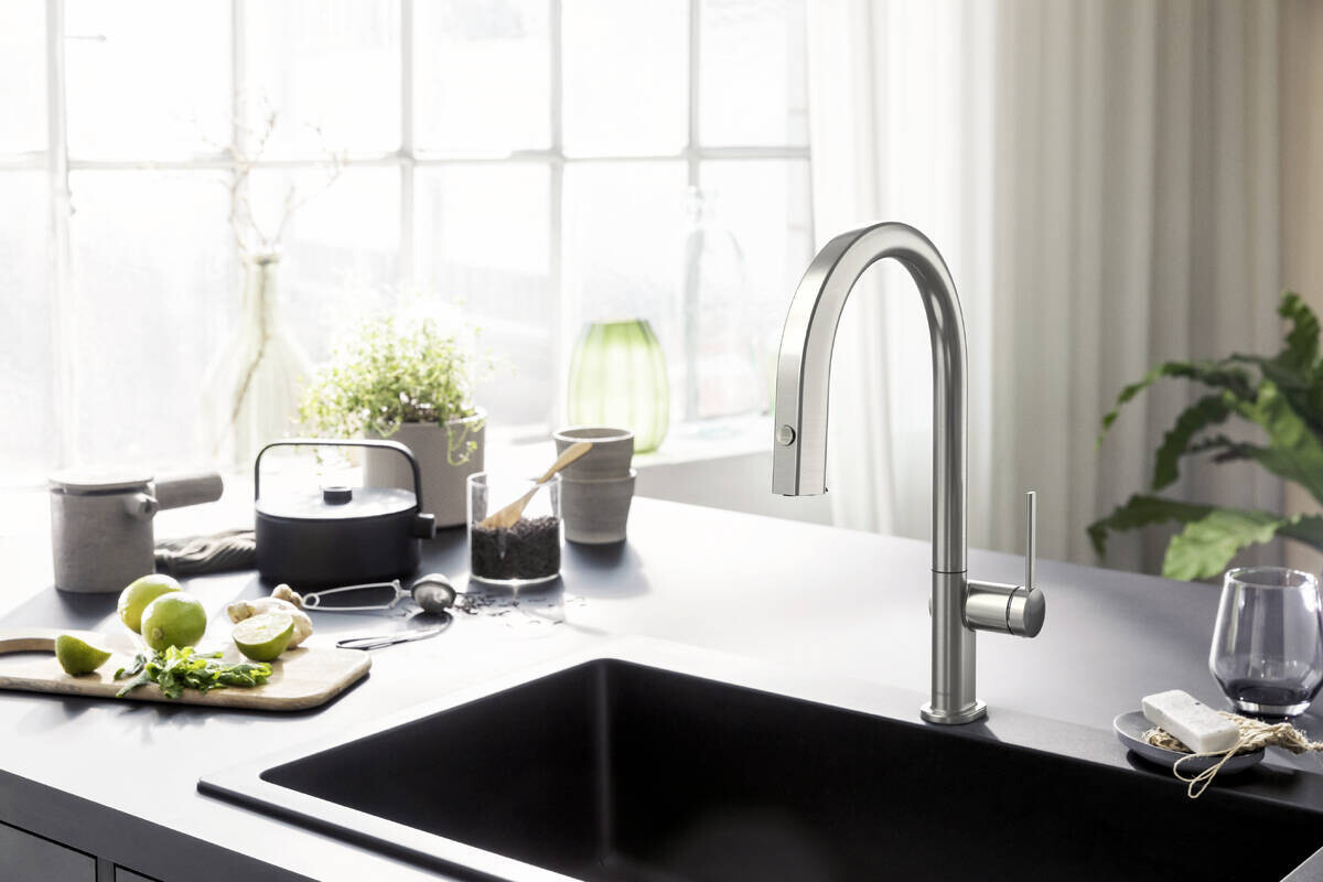 Mitigeur de cuisine Hansgrohe Aqittura M91 210, avec douchette extractible 1 jet en acier inoxydable brossé