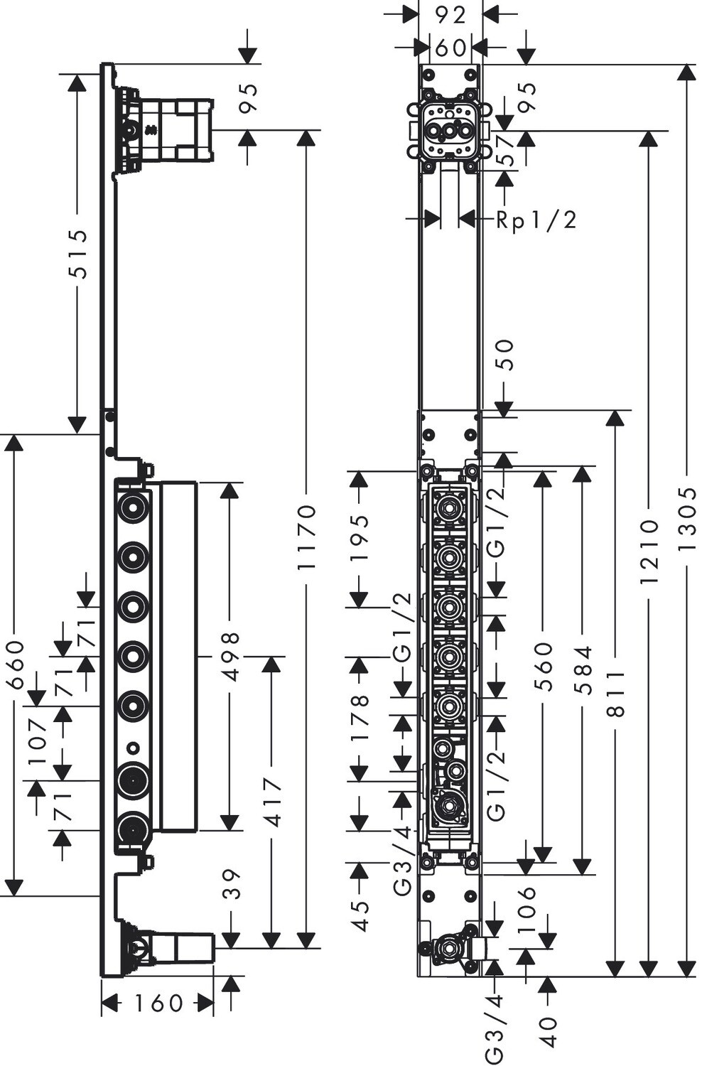 Colonne de douche thermostatique Axor ShowerComposition avec douche de tête 110/120 et douchette d’épaule, en noir chromé poli