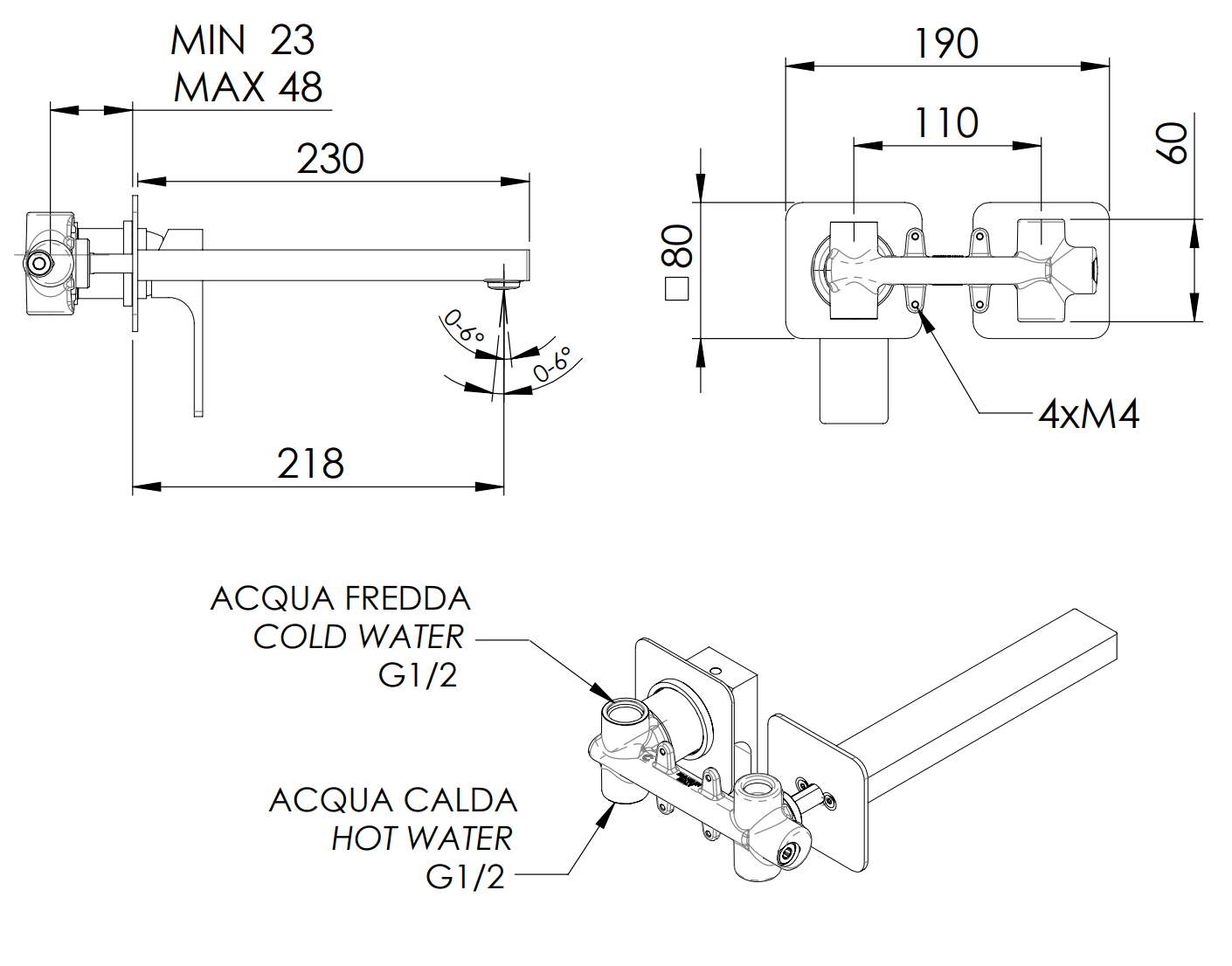 Mitigeur de lavabo encastré avec plaque horizontale Remer Absolute en laiton noir mat (bec 23 cm) - vue 2