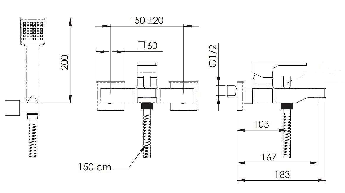 Exposed bath/shower mixer Remer Absolute with hose, hand shower, and articulated support in chrome-plated brass