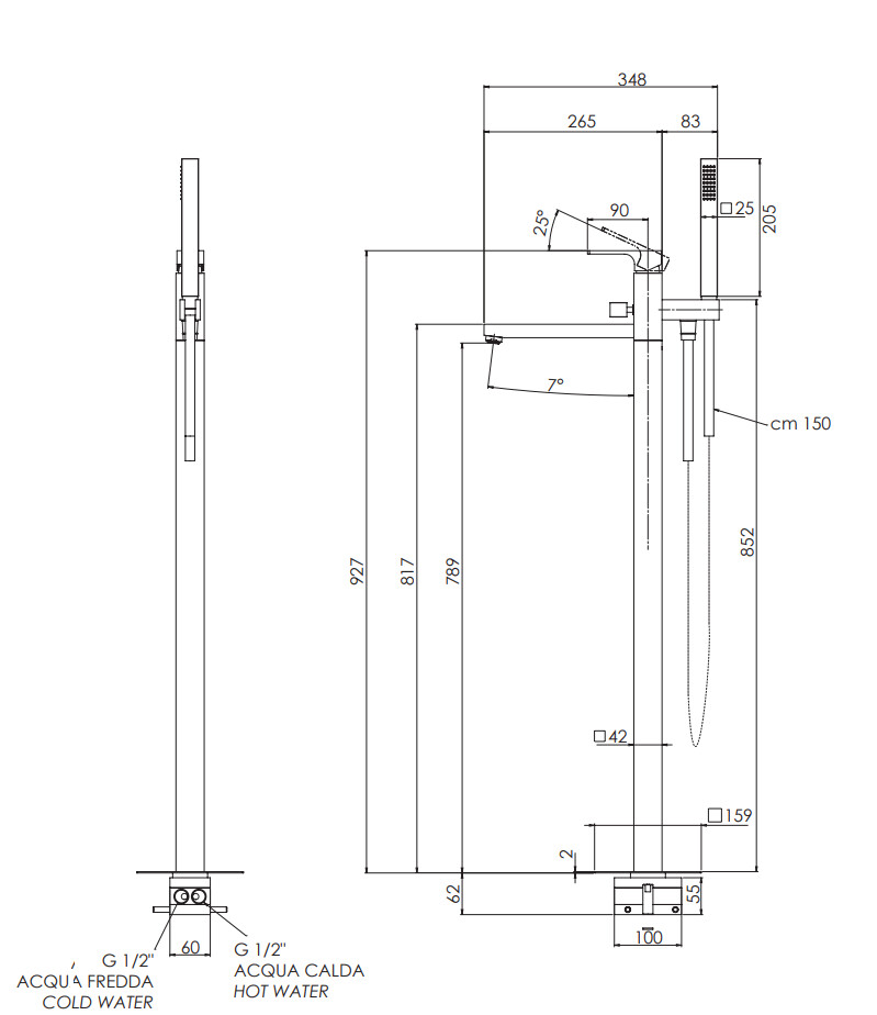 Chrome-plated brass Remer Absolute floor-mounted bath/shower mixer