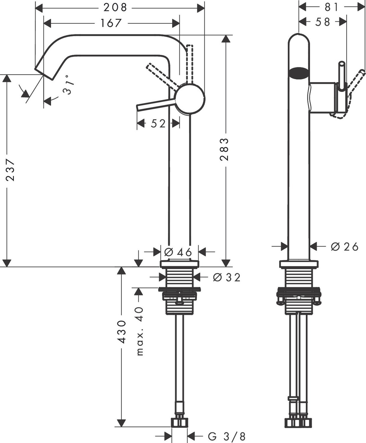 Mitigeur de lavabo Hansgrohe Tecturis S Fine 240 CoolStart, avec bonde Push-Open — vue 3