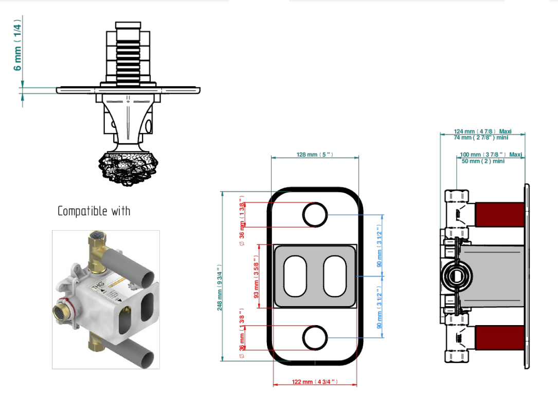 Set de finition THG pour douche thermostatique à encastrer avec deux robinets d'arrêt à 2 fonctions - Collection " Camélia Cristal Clair " - vue 7