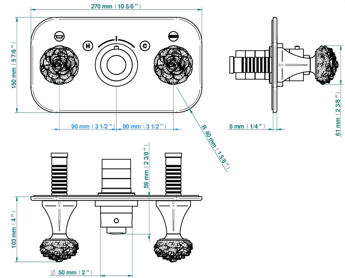 Set de finition THG pour douche thermostatique à encastrer avec deux robinets d'arrêt pour installation horizontale à 2 fonctions - Collection "Camélia Cristal Clair" - vue 6