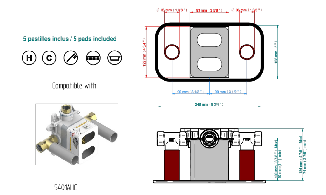 Set de finition THG pour douche thermostatique à encastrer avec deux robinets d'arrêt pour installation horizontale à 2 fonctions - Collection "Camélia Cristal Clair" - vue 7