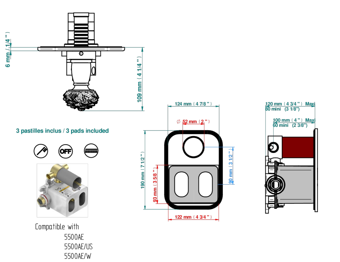 Set de finition THG pour douche thermostatique à encastrer 2 fonctions avec inverseur - Collection "Camélia Cristal Clair" - vue 7