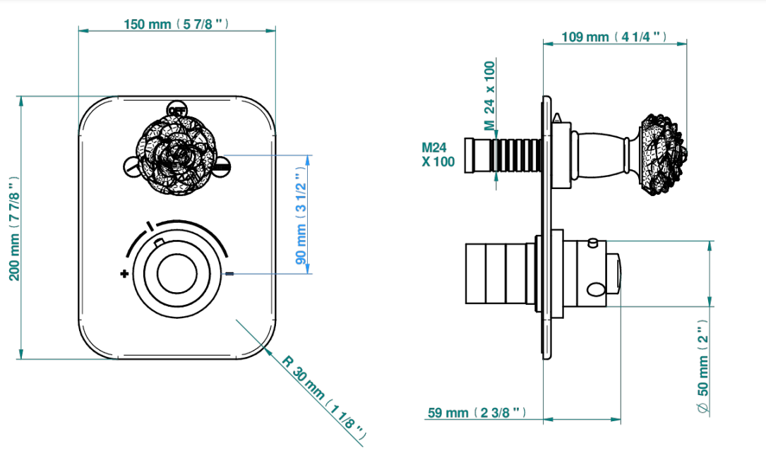 Set de finition THG pour douche thermostatique à encastrer 2 fonctions avec inverseur - Collection "Camélia Cristal Clair" - vue 6