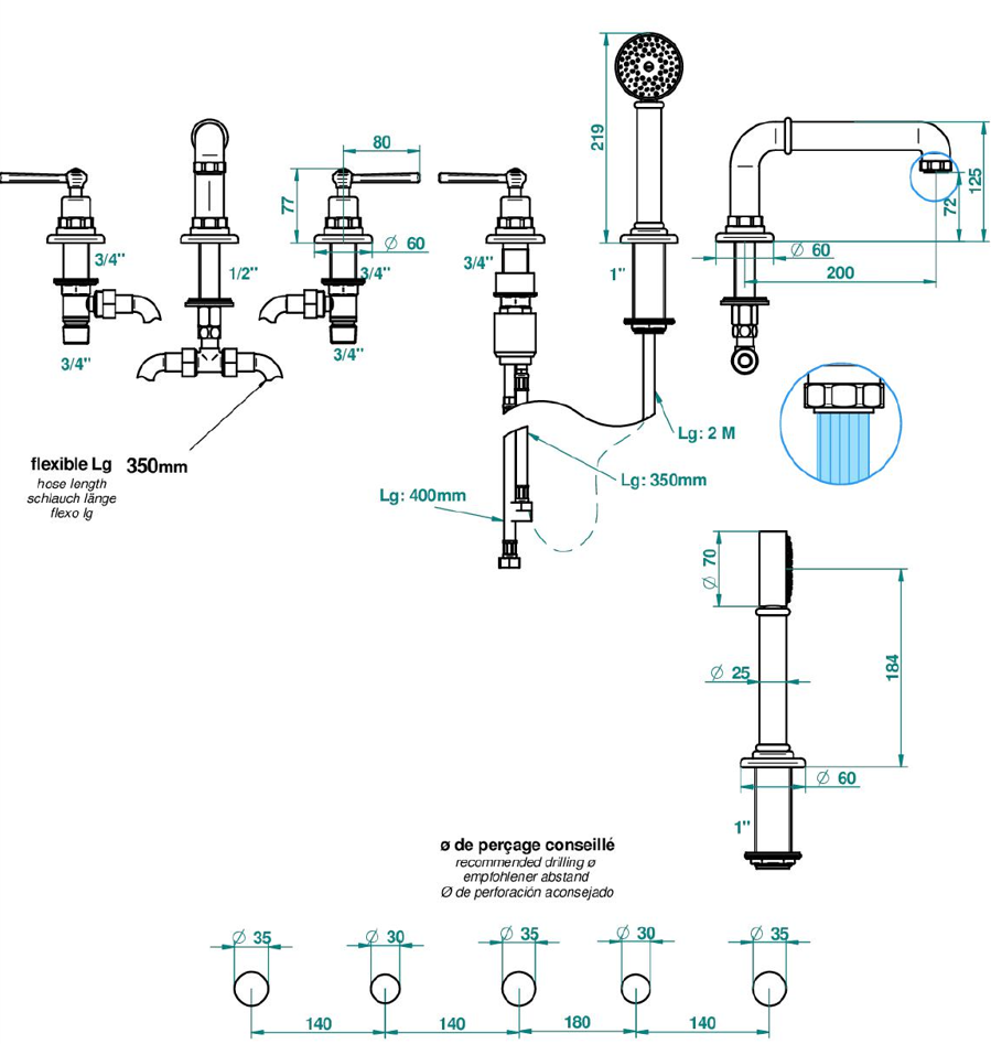 Set de finition THG pour douche thermostatique à encastrer 2 fonctions avec inverseur - Collection "Saint-Germain à manettes" - vue 7