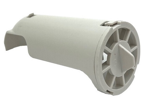 Diffuseur de chasse d'eau Geberit Rimfree SP34, blanc, cylindrique, avec un design en forme de roue et une languette saillante.