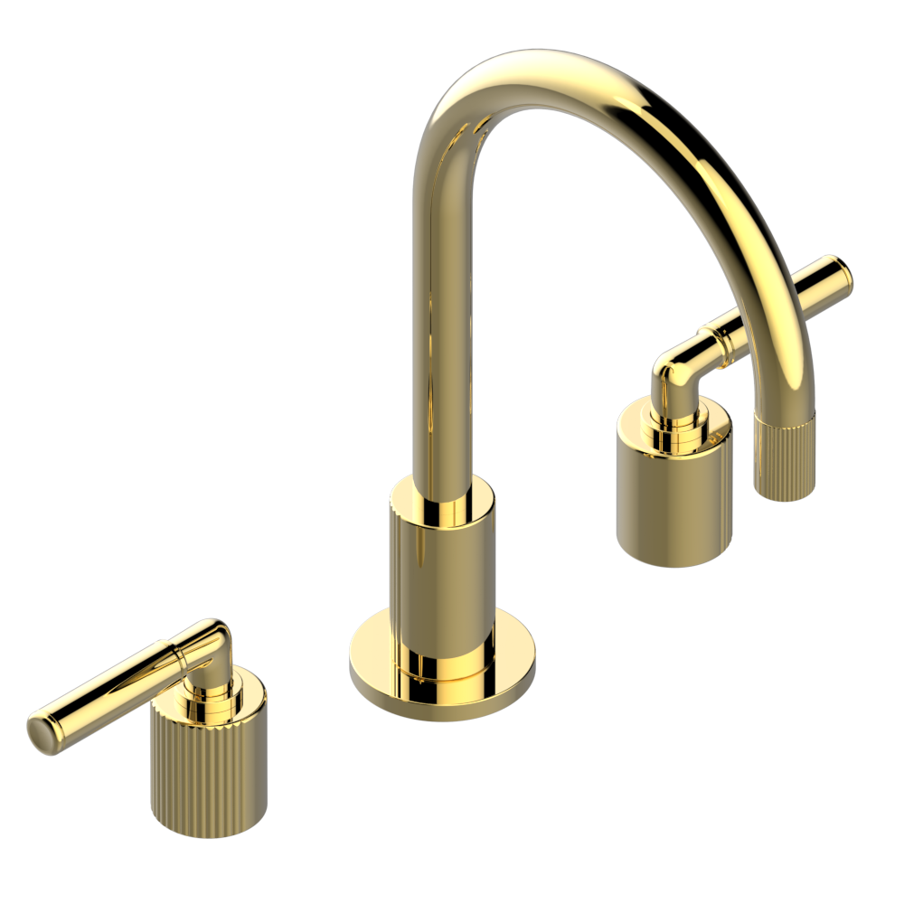Gold faucet with two handles and spout, Mélangeur de lavabo 3 trous THG Estrela à manettes.