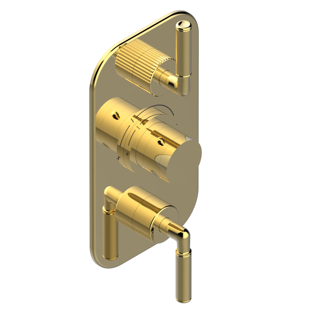 Ensemble de douche thermostatique en laiton brossé doré avec deux poignées et inverseur, collection Estrela, marque THG.