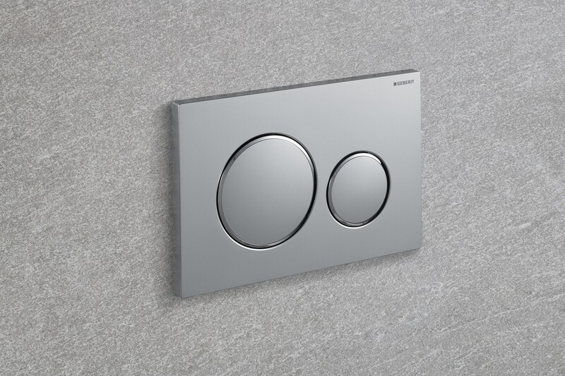 Plaque de déclenchement Geberit Sigma20 / Chromé mat laqué - anneaux design : chromé brillant / Revêtement Easy Clean + Anti-Traces de doigt