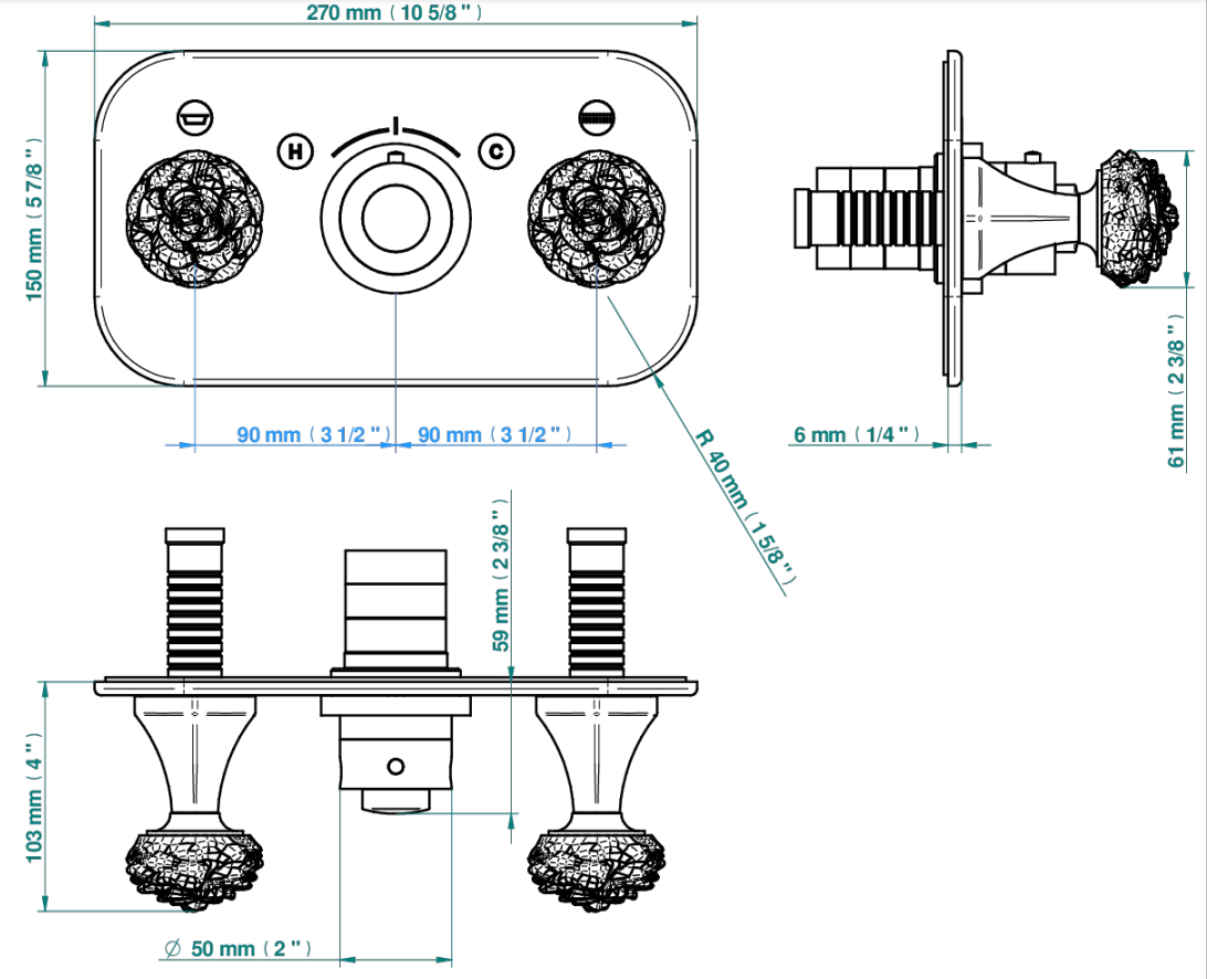 Set de finition THG pour douche thermostatique à encastrer avec deux robinets d'arrêt pour installation horizontale à 2 fonctions - Collection "Camélia Cristal Noir" - vue 6