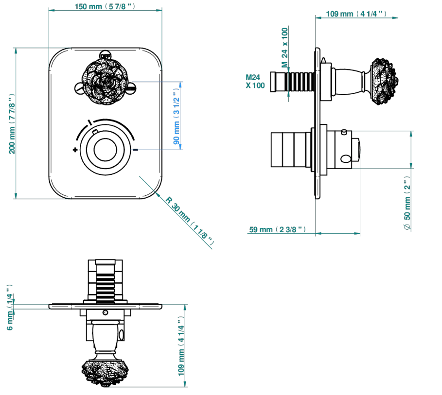 Set de finition THG pour douche thermostatique à encastrer 2 fonctions avec inverseur - Collection "Camélia Cristal Noir" - vue 7