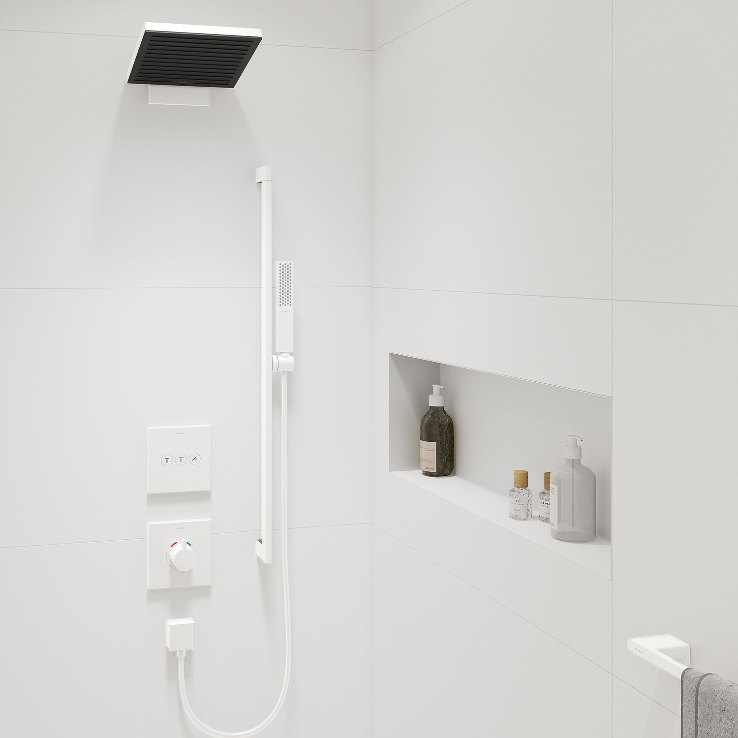 Douche de tête Hansgrohe Pulsify E 260 2 jets avec raccord mural en blanc mat