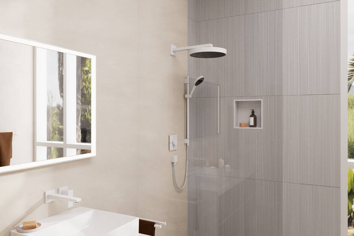 Barre de douche Hansgrohe avec douchette à main Rainfinity Select S Puro 130 EcoSmart 3 jets et flexible Designflex en blanc mat