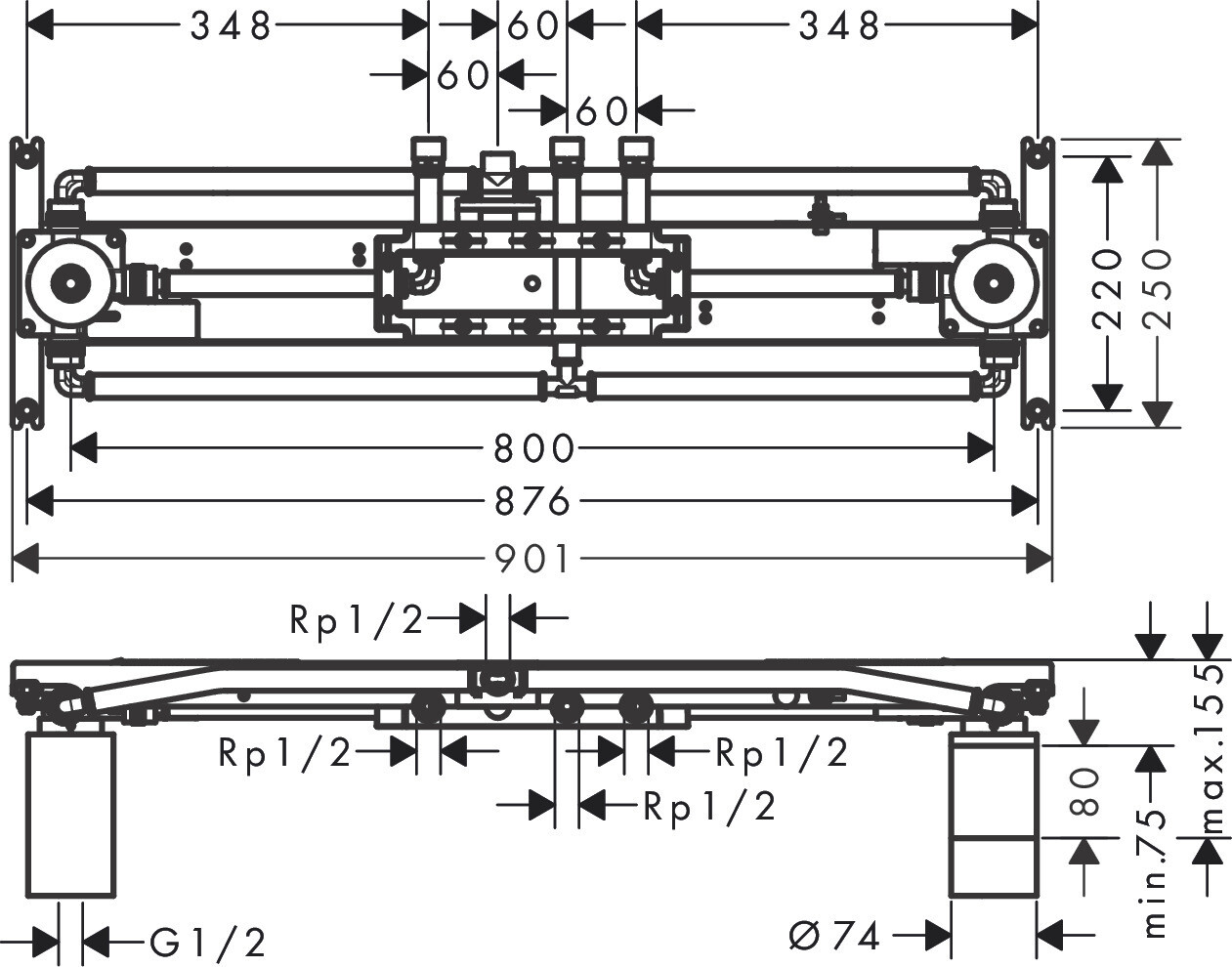 Corps d'encastrement AXOR ShowerSolutions pour douche de tête au plafond 1200 x 300 mm, 4 jets