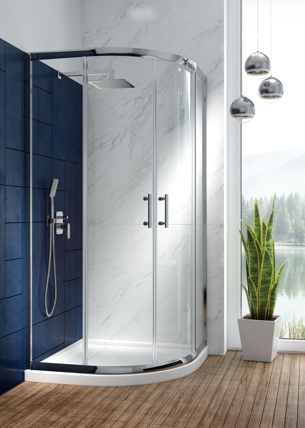 Ensemble de douche encastré chromé Deante Alpinia 250 avec pommeau carré, douchette et flexible.