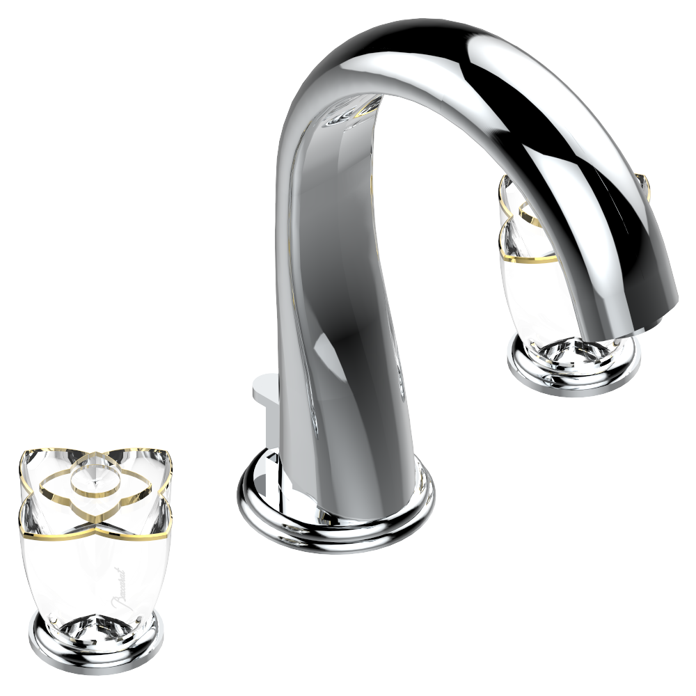 Mélangeur de lavabo 3 trous THG avec vidage pour serrage marbre - Collection &quot;Pétale de Cristal Clair liseré doré&quot;