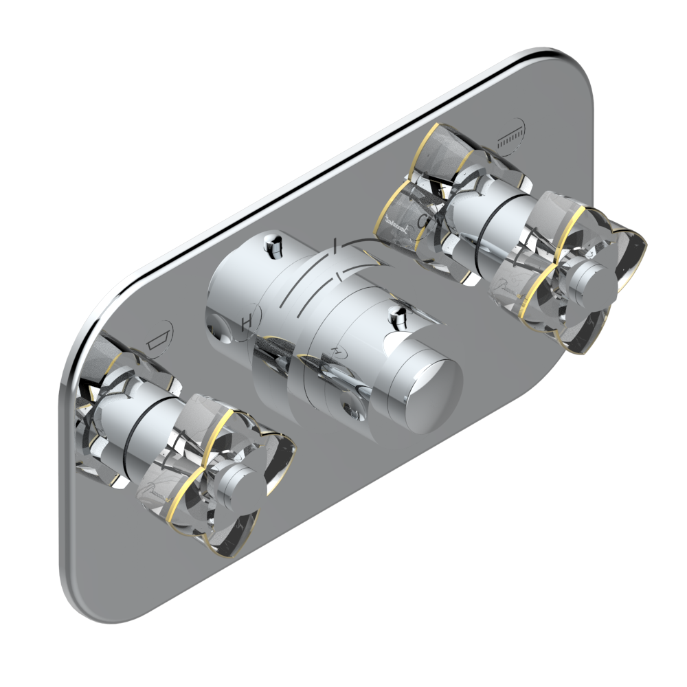 Set de finition THG pour douche thermostatique à encastrer avec deux robinets d&#39;arrêt pour installation horizontale à 2 fonctions - Collection &quot;Pétale de Cristal Clair liseré doré&quot;