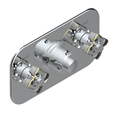 Set de finition THG pour douche thermostatique à encastrer avec deux robinets d&#39;arrêt pour installation horizontale à 2 fonctions - Collection &quot;Pétale de Cristal Clair liseré doré&quot;