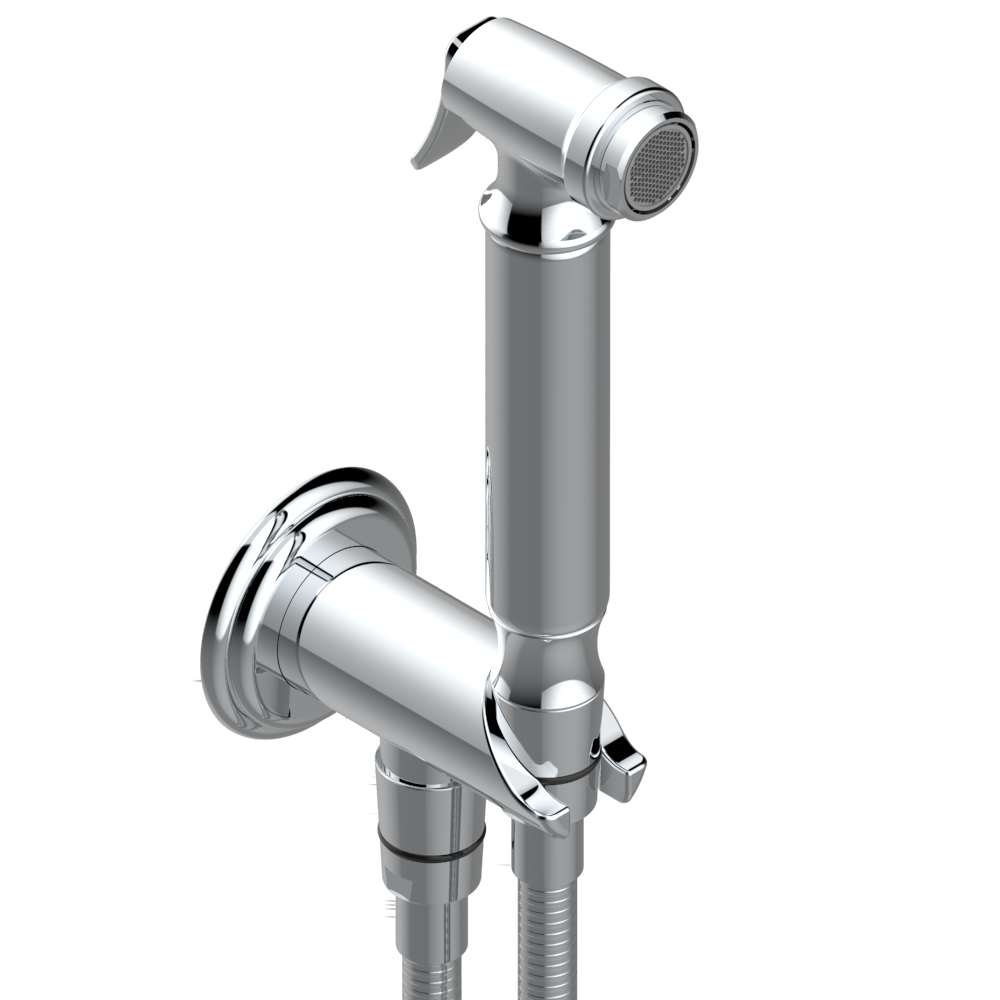 Ensemble hygiénique de WC THG avec douchette à gâchette, flexible et butée de sécurité intégrée sur sortie murale - Collection &quot;Pétale de Cristal clair liseré doré&quot;