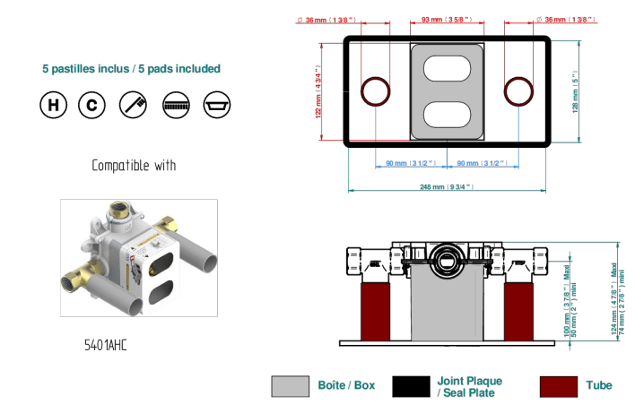 Set de finition THG pour douche thermostatique à encastrer avec deux robinets d'arrêt pour installation horizontale à 2 fonctions - Collection "Nihal porcelaine ivoire" - vue 7