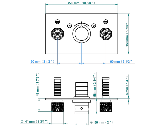 Set de finition THG pour douche thermostatique à encastrer avec deux robinets d'arrêt pour installation horizontale à 2 fonctions - Collection "Nihal porcelaine ivoire" - vue 6