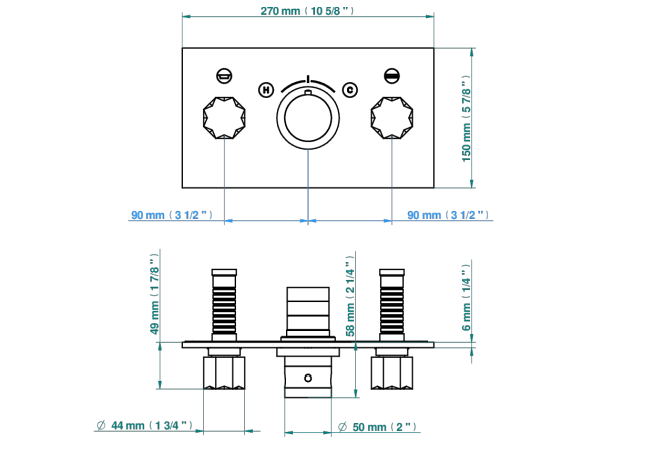 Set de finition THG pour douche thermostatique à encastrer avec deux robinets d'arrêt pour installation horizontale à 2 fonctions - Collection "Nihal métal lisse" - vue 6
