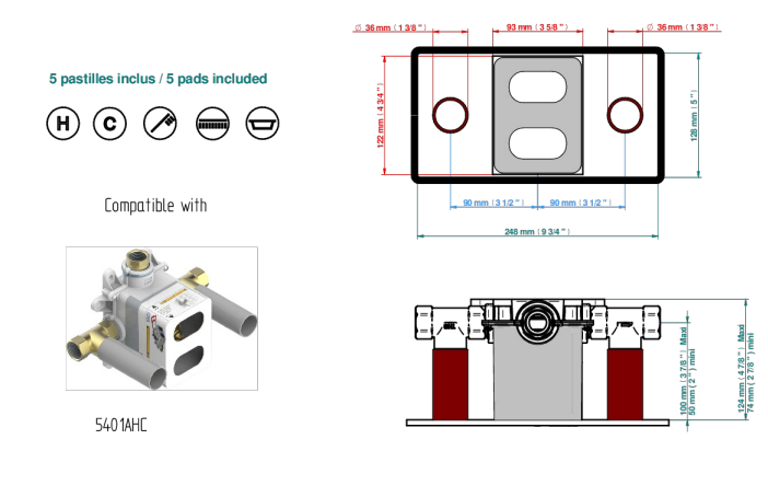 Set de finition THG pour douche thermostatique à encastrer avec deux robinets d'arrêt pour installation horizontale à 2 fonctions - Collection "Nihal métal lisse" - vue 7