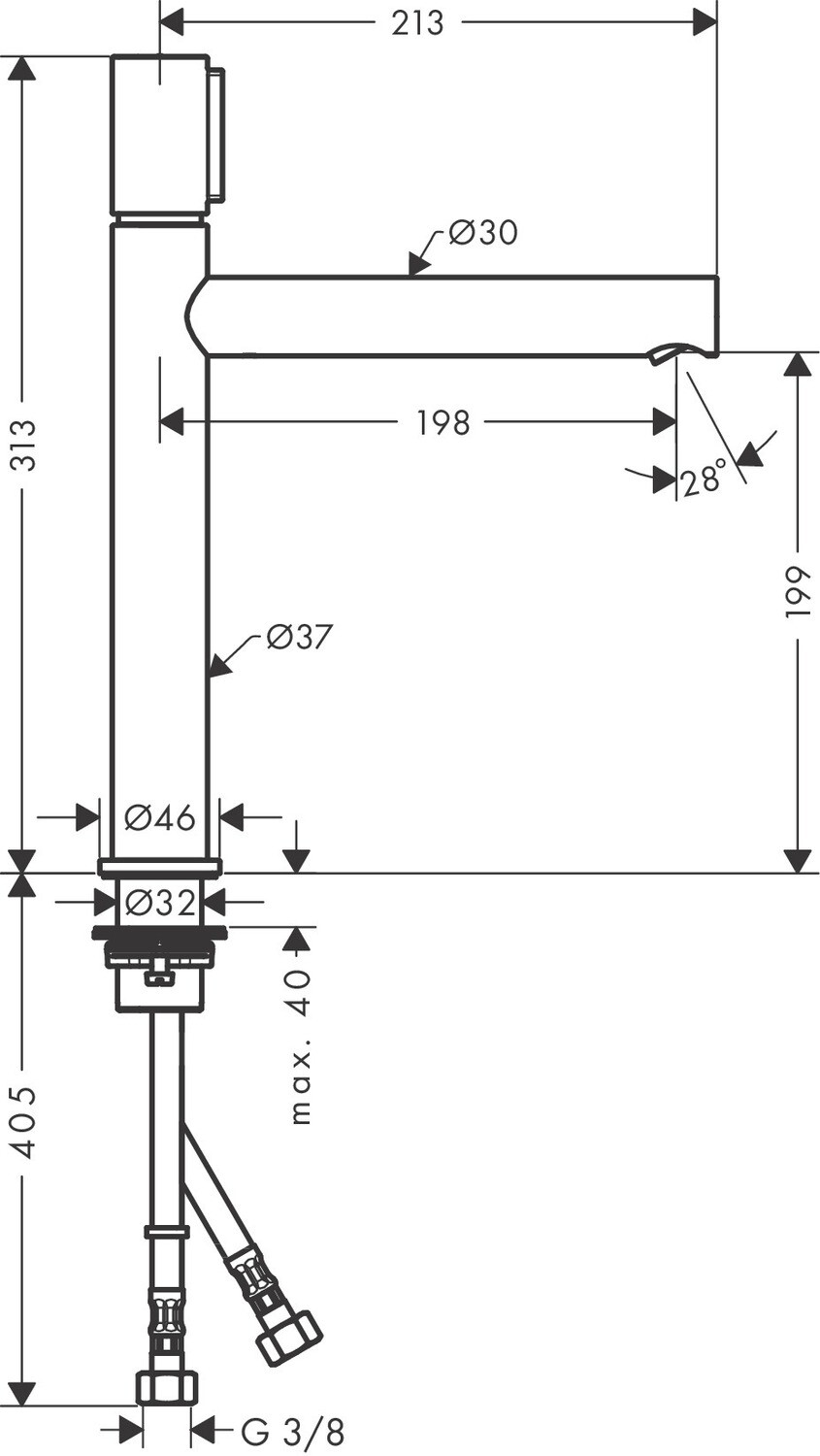 Mitigeur de lavabo AXOR Uno Select 200 avec bonde à écoulement libre  en nickel brossé