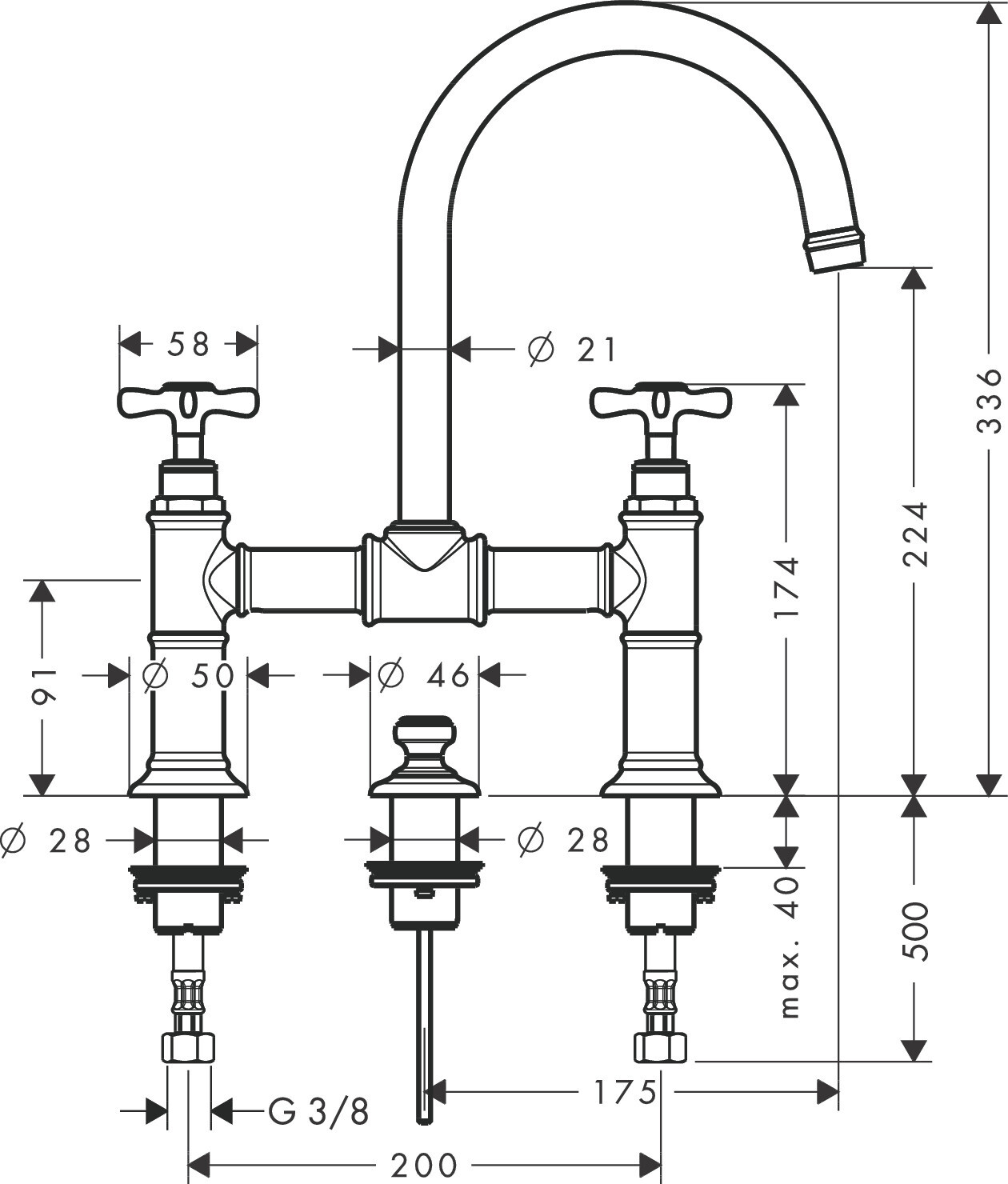 Mélangeur de lavabo 3 trous AXOR Montreux 220 avec poignées en croix et garniture de vidage en nickel brossé — vue 3